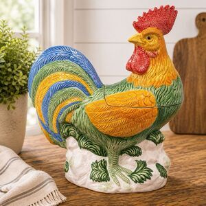 Vintage Rooster Cookie Jar Hand Painted Ceramic Farmhouse Kitchen Decor Japan